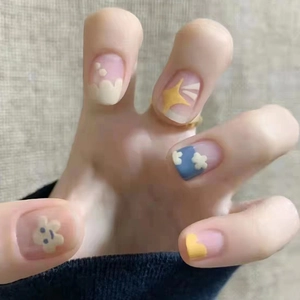 Press On Nails Cute Cartoon Cloud Smile Face Matte Short Square Round Style Detachable Fake Nails For Women Girls Art