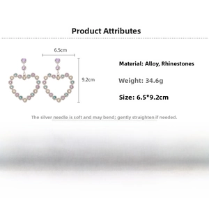 Détails des dimensions et du poids des boucles d'oreilles cœur serties de strass colorés