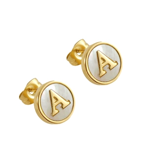 18K gold plated stainless steel stud earrings with shell inlay and letter A design