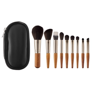 9pcs portable makeup brush set with wooden handles and black leather case for travel