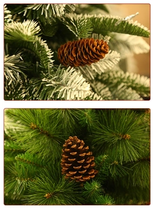 Detailed view of snowy pine needles and natural pine cones for Christmas decor