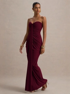 Elegant wine red strapless bodycon maxi dress with front knot and ruched detailing