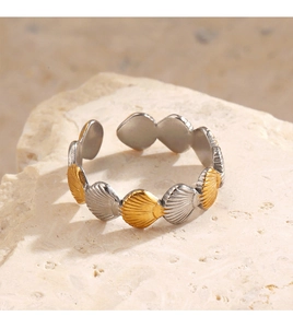 Detailed macro view of gold and silver shell-textured adjustable stainless steel ring