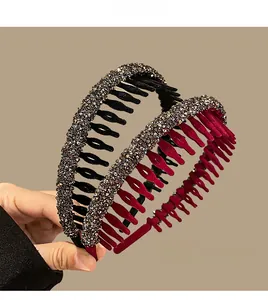 Detail of anti-slip teeth on rhinestoned headbands in black and wine red colors