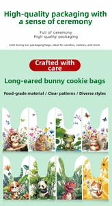 Detail view of eight cartoon animal rabbit ear bags for candy and snacks packaging