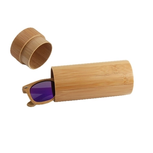Cylindrical bamboo eyewear case with purple lens wooden sunglasses on white background