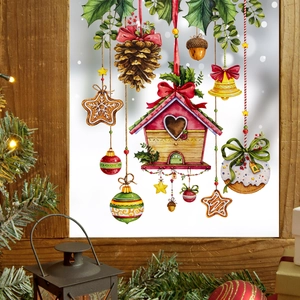Christmas Window Stickers Removable PVC Watercolor Birdhouse Pine Cone Bell Gingerbread Man Holiday Decoration