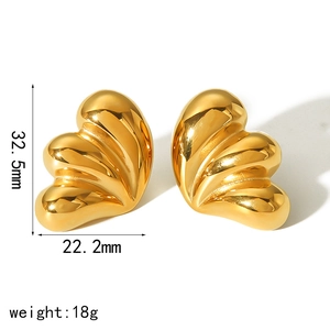 Polished gold teardrop wing earrings with wavy texture, size 32.5mm by 22.2mm