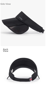 Detail of black sports visor featuring retractable side panels and striped back strap