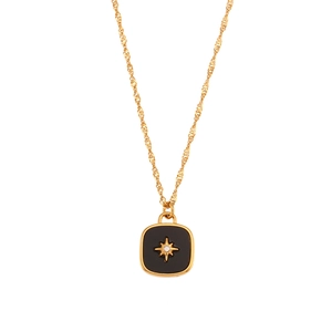 Gold stainless steel necklace with black square shell star pendant and crystal accent