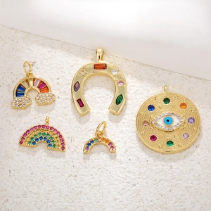Copper Gold Plated Horseshoe Rainbow Evil Eye Pendant With Zircon Colorful DIY Jewelry Making Luck Charm