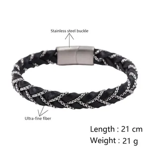 Men's hand-woven microfiber and stainless steel bracelet with magnetic buckle 21cm length