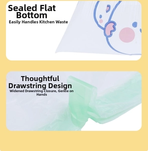 Detail of sealed flat bottom and green drawstring on a printed garbage bag