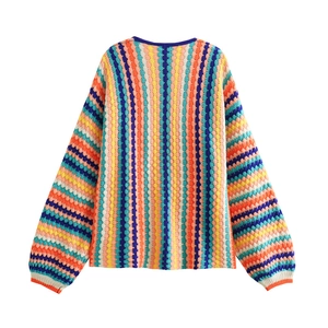Classic colorful striped crochet knit cardigan sweater with long sleeves and ribbed cuffs