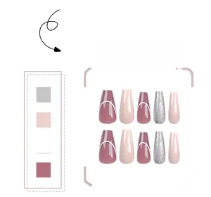 Detailed set of pink and silver glitter coffin nails with elegant white line art