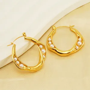 French Retro Irregular Twisted Hoop Earrings 18K Gold Plated Stainless Steel With White Artificial Pearls Vintage Fashion For Women