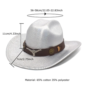 Chapeau de cowboy argenté avec pendentif tête de taureau et guide des tailles 56-58cm