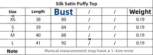 Tableau des tailles pour caraco en satin bouffant avec mesures détaillées du XS au L