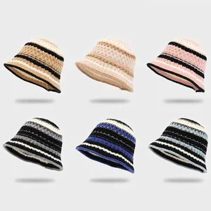 Women Knitted Striped Bucket Hat Crochet Warm Foldable Fisherman Cap Vintage Winter Autumn Outdoor Casual Accessories