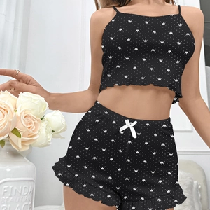 Women black crown dot ribbed pajama set with cami top and ruffled hem shorts