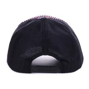 Detail view of the black baseball cap back with colorful rhinestones and adjustable strap
