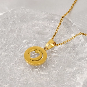 Minimalist 18K gold stainless steel necklace with engraved alphabet round pendant