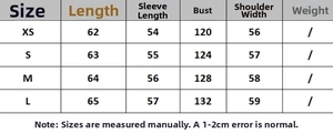 Size chart showing length, bust and sleeve measurements for the faux shearling coat