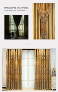 Detail of luxury European golden blackout curtain with intricate lace and floral embroidery
