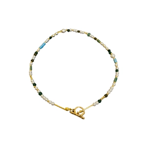 New Chinese style pearl necklace with green and blue beads and gold OT buckle