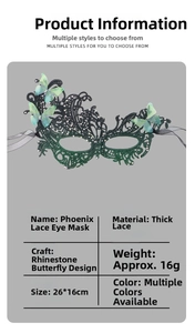 Detailed view of dark green lace eye mask with 3D rhinestone butterflies and dimensions