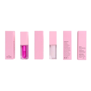 Detailed view of hydrating lip oil packaging and bottles in pink and clear shades