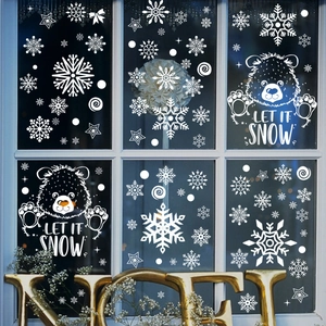 Christmas window stickers with cartoon bear and white snowflake patterns for festive glass decor