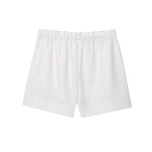 Detailed flat lay of white linen blend shorts with elastic drawstring waistband