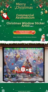 Detailed Christmas window decals with Santa, penguins, and decorative holiday ornaments