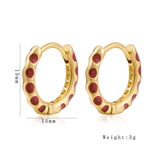 Golden round hoop earrings with red polka dots and wave edges, 15mm size display