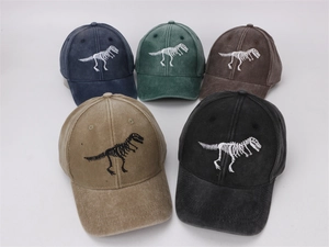 Multiple colors of washed cotton baseball caps featuring white dinosaur skeleton embroidery