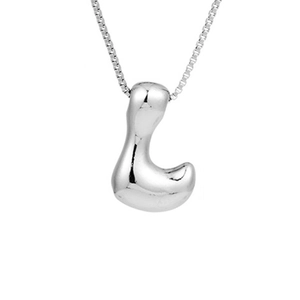 Detailed view of shiny silver puffy letter L pendant on a fine square box chain