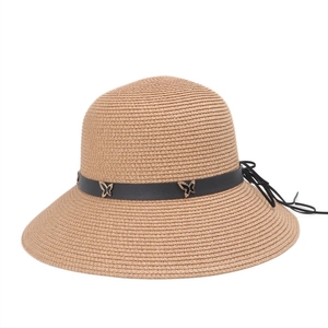 Women's wide brim straw sun hat with black leather band and gold butterfly ornaments