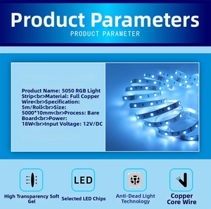 Detailed technical specifications for 5050 RGB LED strip light with 12V DC power parameters