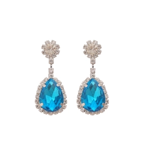 Elegant silver needle drop earrings with sky blue pear-cut crystals and pavé cubic zirconia