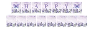 Close-up of lavender butterfly theme Happy Birthday banner with swallowtail flags