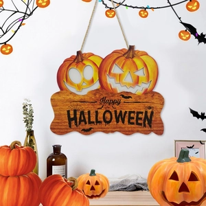 Halloween pumpkin wooden door sign with LED lights and Happy Halloween text decor