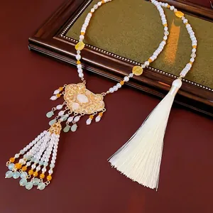 New Chinese Style Vintage Necklace Imitation Artificial Pearl Glass Beads Alloy Pingan Lock Pendant Long Satin Tassel Women Retro
