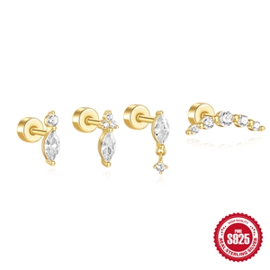 Set of four S925 sterling silver gold stud earrings with marquise and round cubic zirconia