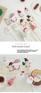 Detailed close-up of Christmas felt gnomes and Santa cards for DIY bouquets and gift decor