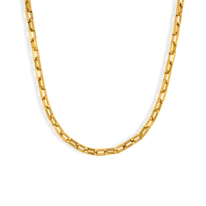 Hip-hop style golden rectangular link chain necklace in stainless steel on white background