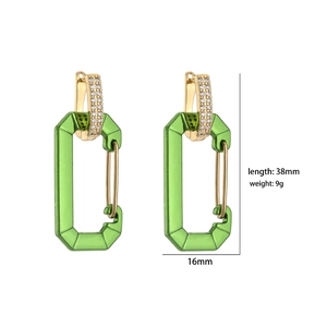 Micro-pave zircon safety pin earrings with bright green enamel geometric pendants