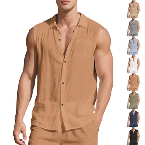 Detail view of linen texture on men sleeveless summer shirts in eight various colors