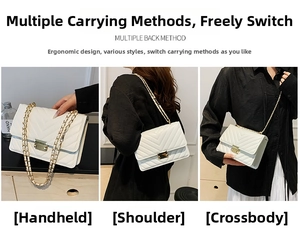 Three-way carry white V-quilted small square bag with golden chain and metal lock detail