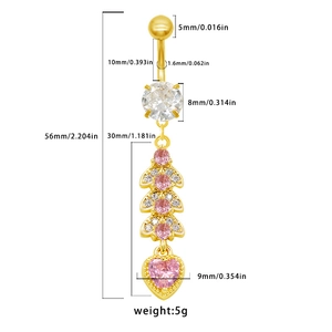 Detailed size chart for golden belly ring with pink zircon heart and 56mm length